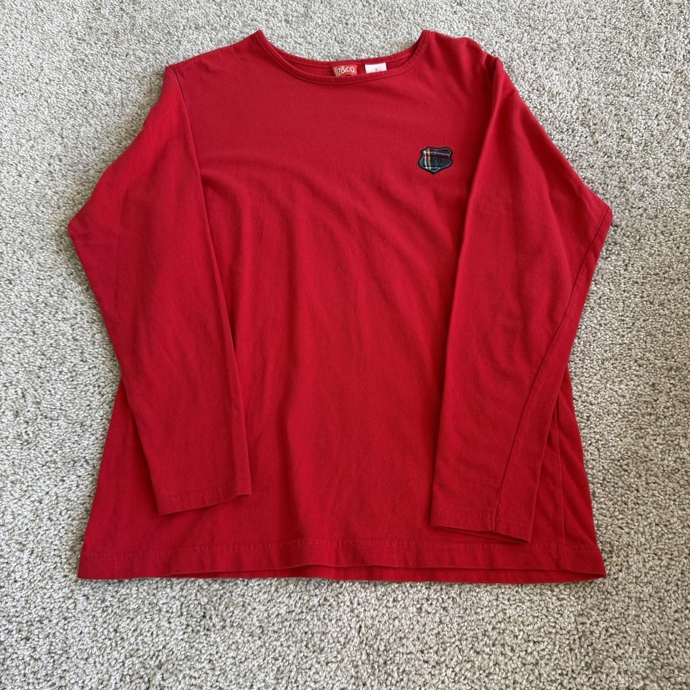 Liz&co. Shirt Womens S Red Long Sleeve Crew Neck Embroidered Cotton Top